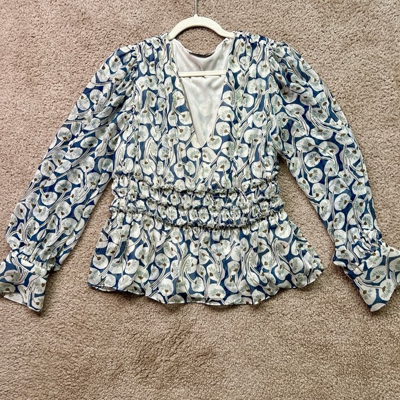 Rebecca Taylor Tops - Rebecca Taylor Silk Floral Long Sleeve V Neck Lined Blouse Top White Blue Siz 10